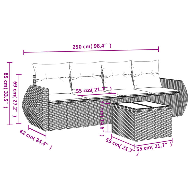Ensemble de canapé de patio 5 pièces avec coussins en rotin de polyester, Gris, Marine