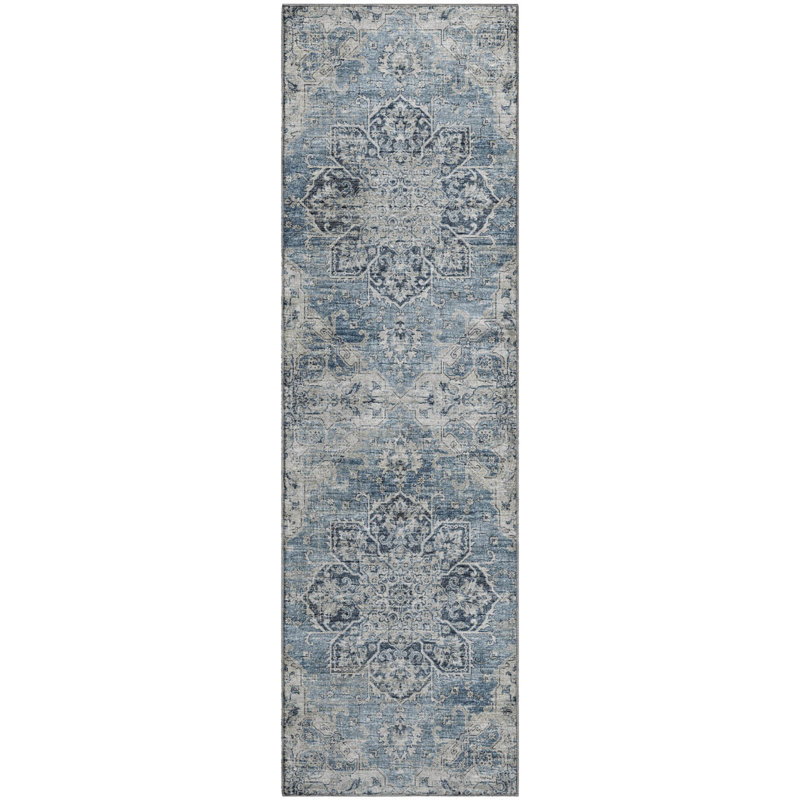 Premium Machine Washable Barayon AMF93 Blue Rug, Runner 2'3" x 7'6"