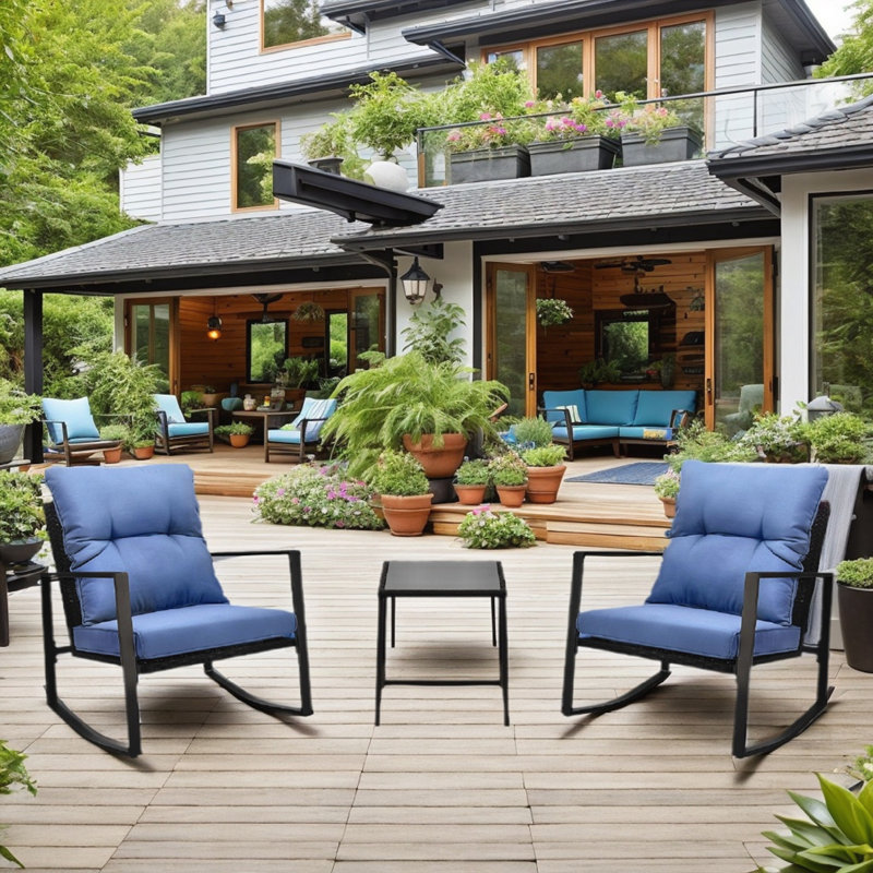 Ensemble de patio 3 pièces avec chaises berçantes et coussins pour une détente confortable en plein air