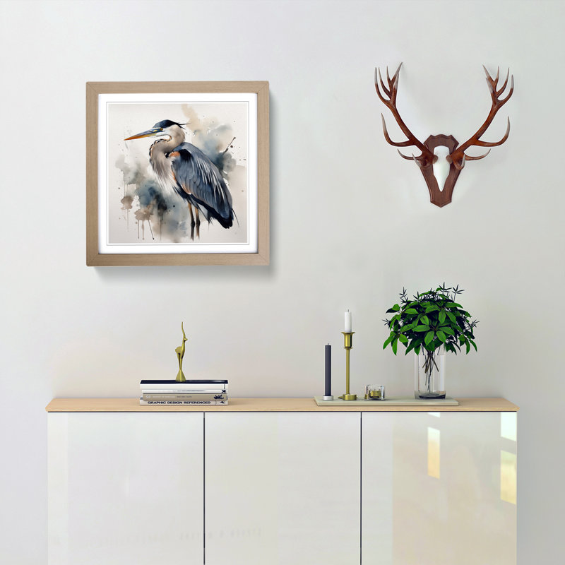 Heron Watercolour - Framed Print, Oak