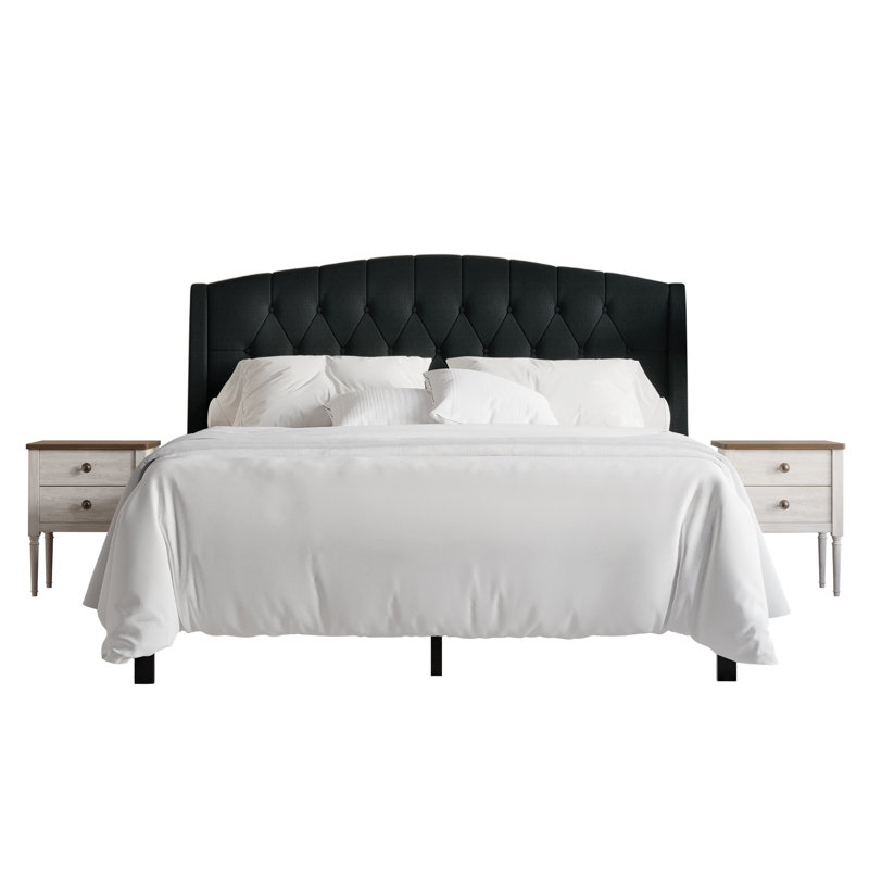 Rissie Gorgeous Upholstered Bed With 2 Nightstands In Linen, Charcoal Gray, Full/Double