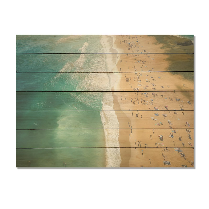 Vue aérienne de la plage côtière verte III - Plage et océan sur bois, H 10 po x l 20 po