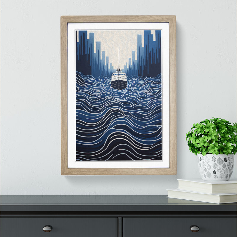 Ship On The Ocean Op - Single Picture Frame Print on Wood, 46cm H x 34cm W x 2cm D, Oak