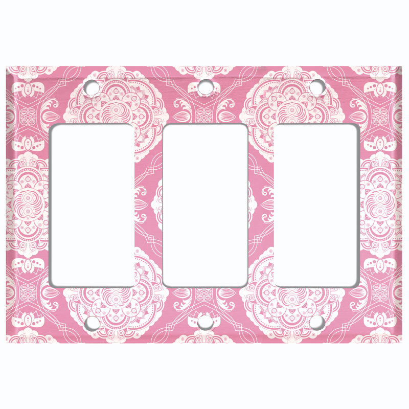 Metal Light Switch Plate Outlet Cover (Black White Elegant Circular Mandala Flowers Tile   - Triple Rocker), Pink