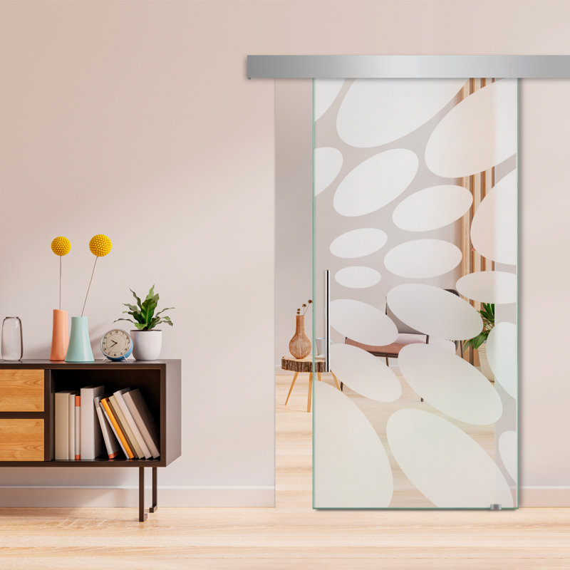 Porte de grange coulissante en verre sans cadre avec design moderne sablé et quincaillerie (semi-privée), 40 po x 84 po