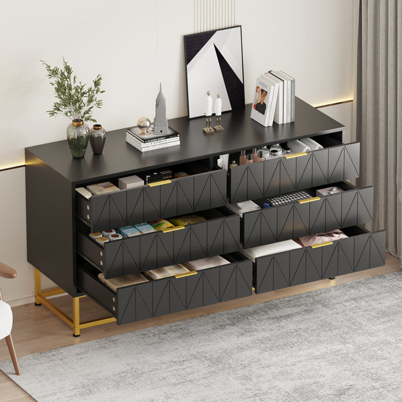 6 Drawer Dresser With Gold Metal Handles ,modern Large Dresser Storage Cabine, Black