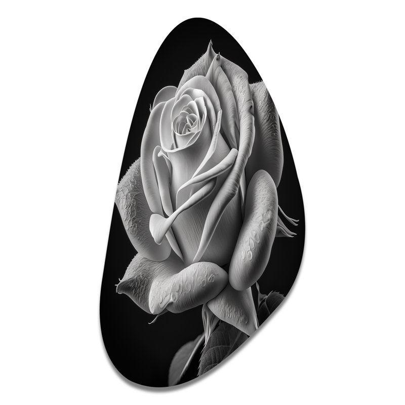«Blossoming White Rose On Black I», art mural asymétrique en forme de rose floral, H 31 po x l 17 po