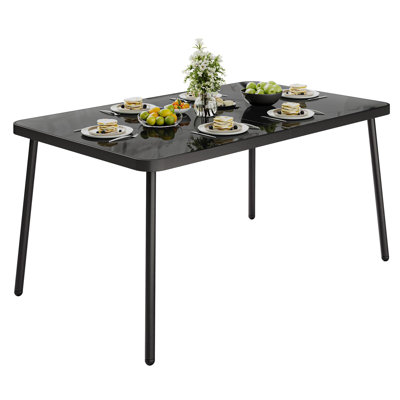 59" Tempered Glass Patio Dining Table with Metal Frame, 4-6 Person Rectangular Table for Porch Balcony Backyard Poolside, Black by George Oliver