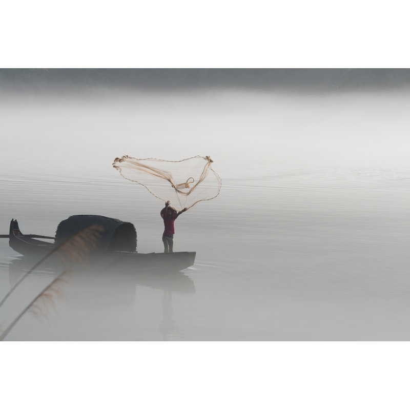 Duell Fisherman Casting Net On River - Wrapped Canvas Print, 30cm H x 46cm W x 3.8cm D