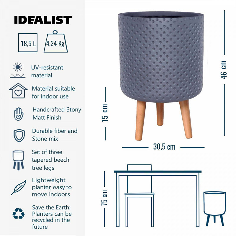 Dotted Style Cylinder Planter with Feet Concrete Effect Cylinder Round Planter on Hardwood Legs, Round Indoor Plant Pot Stand for Indoor Plants, Indoor Flower Pot with Dotted Pattern