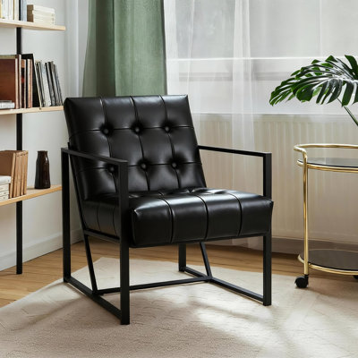 30.5"W Mid-Century Modern Black Leatherette Button-tufted Accent Chair with Metal Frame