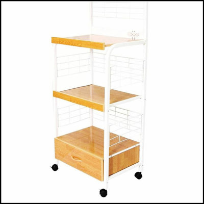 59.5 Inch Tall 3-Tier Microwave Kitchen Cart with Drawer, Outlet, and Natural Wood Finish for Enhanced Storage and Mobility