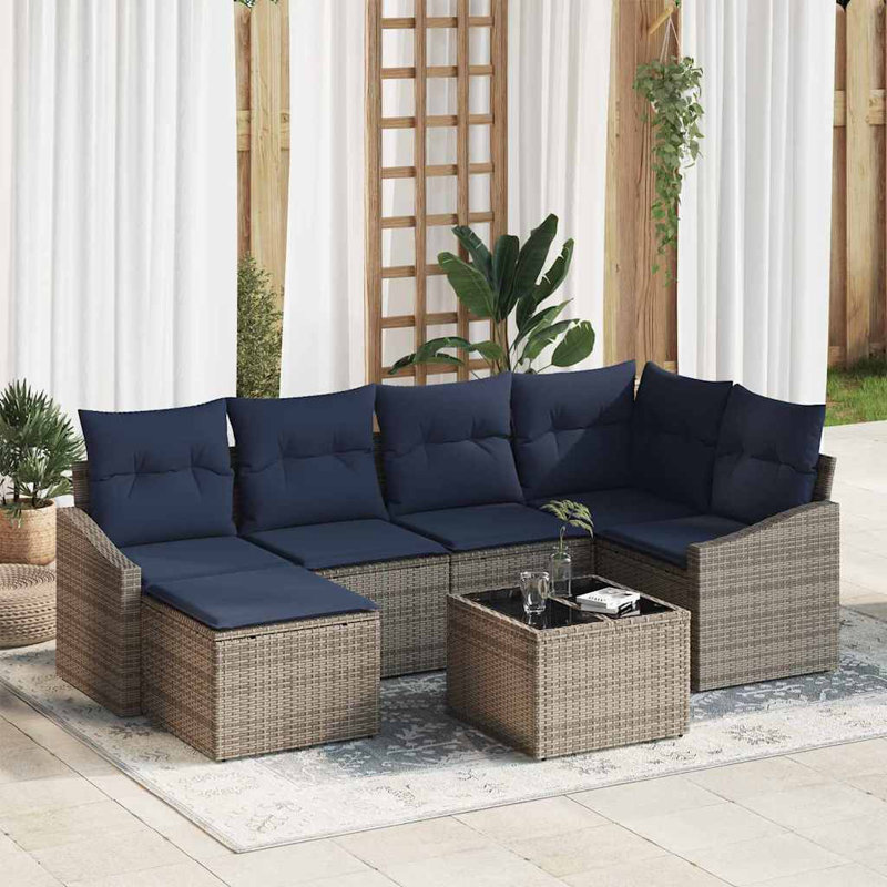 Ensemble de canapé vidaXL avec coussin 7 pièces synthétique gris: rotin de polyester, Coussin bleu marine / structure grise