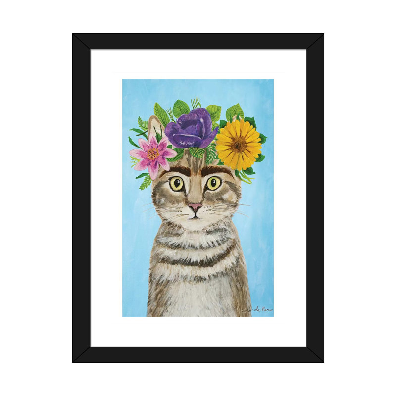 « Frida Kahlo Cat Blue » par coco de Paris-impression, Papier encadré noir, Blanc, H 32 po x l 24 po x P 1 po