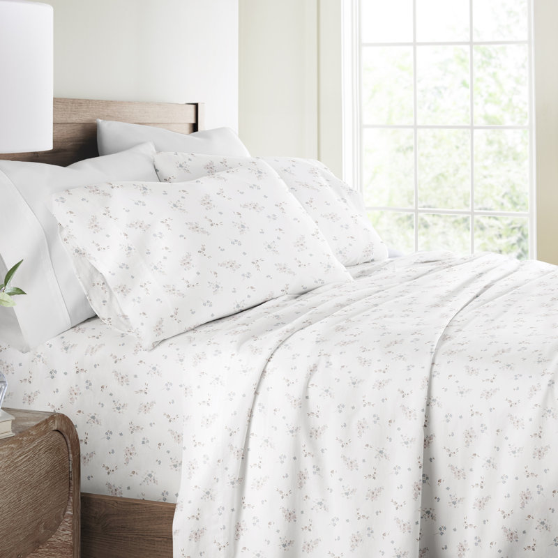 Ensemble de draps 100% satin de coton, Ensemble de draps pour grand lit avec 2 taies d'or, Bouquet rose bonheur