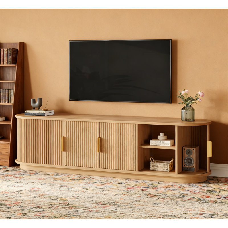 Farmhouse Wooden TV Stand with Sliding Tambour Door, Natural