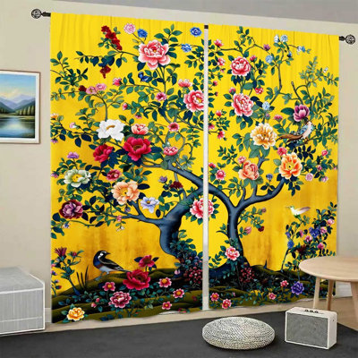 2Pcs Vintage Oriental Tree of Life Print Curtains, Vibrant Floral and Bird Pattern, Light Filtering Privacy Protection Window Treatments, Rod Pocket Design, Ideal for Living Room, Bedroom, Balcony Decor