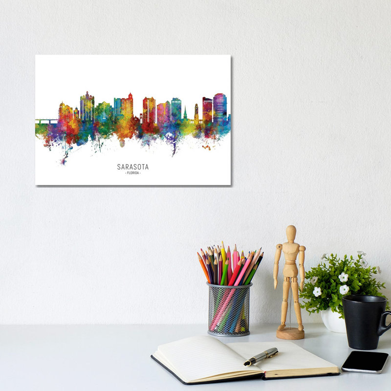 Sarasota Florida Skyline City Name by Michael Tompsett - 1 Piece Wrapped Canvas Wall Art, 20.32cm H x 30.48cm W x 1.91cm D