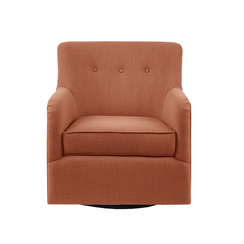 Fauteuil pivotant orange, construction en bois massif, base pivotante en métal, mousse confortable, fauteuil capitonné en orange et contreplaqué, accoudoirs ronds, base haute