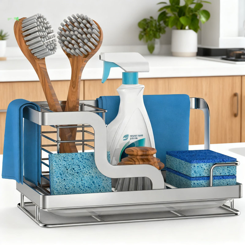 Stainless Steel Sink Caddy Organizer With Removable Drip Tray, Large Capacity Kitchen Sponge And Brush Holder For Countertop, Keeps Sponges And Dishcloths Dry And Organized