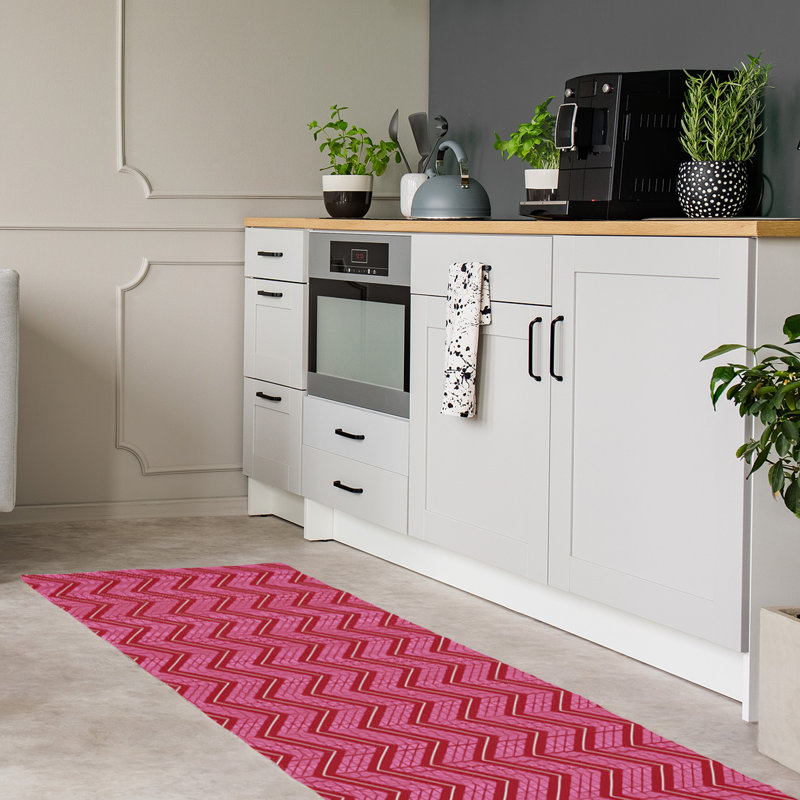 Tapis rose/rouge à chevrons fait main, Tapis de couloir 2 pi x 8 pi