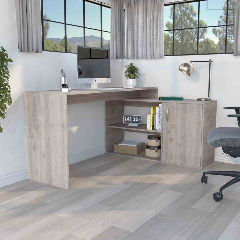 Bureau d'ordinateur moderne en L avec rangement ouvert et fermé - gris clair, Gris clair