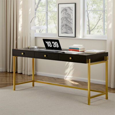 Louise Modern 64"W 3-Drawers Rectangular Writing Desk with Metal Legs
