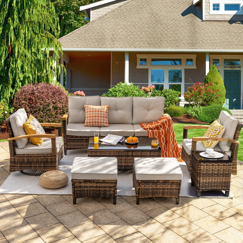 7 Pieces Patio Furniture Sets,Outdoor Rattan Furniture Conversation Sets With 2 Wood Armrests Swivel Rocker Chairs, 2 Ottoman, 2-Seat Sofa And Coffee Table