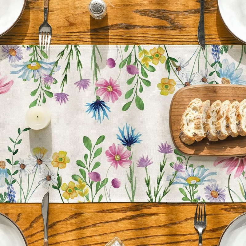 Daisy & Lavender Table Runner  - Summer/Spring, Floral & Eucalyptus Design, Kitchen & Dining Decor, 10" L x 8" W, Beige