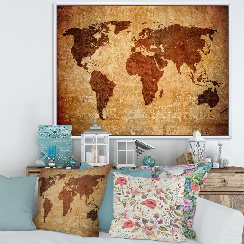 Ancienne carte du monde, impression sur toile, cadre flottant, H 12 po x l 20 po x p 1 po, Blanc