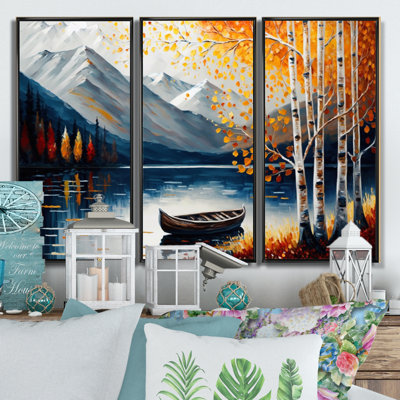 Canoe On A Lake In Fall II - 3 Piece Floater Frame Print on Canvas