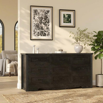 Commode à 9 tiroirs de 59 po de largeur, commode en bois de style campagnard et Mid-Century moderne, sécurité anti-basculement et rangement robuste pour la chambre à coucher, le salon et le bureau personnel