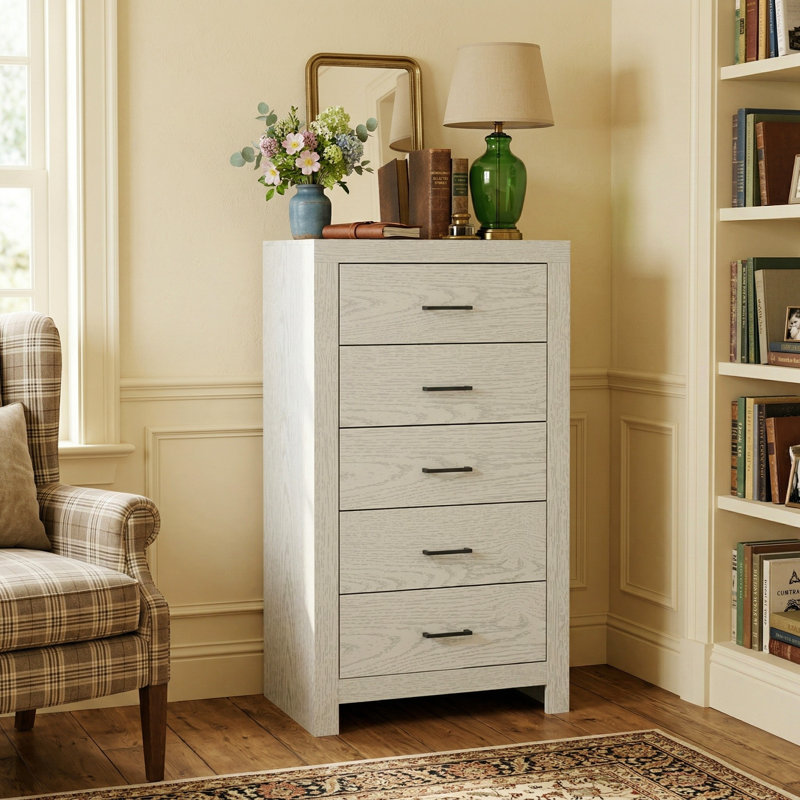 5-Drawer Tall Dresser With Wood Grain Texture, Gray