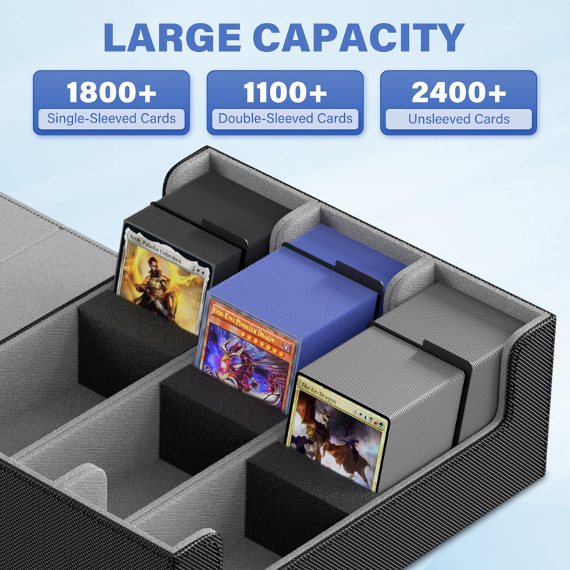 Trading Card Storage Box For 1800+, Leather Storage Box With Strong Closure, Card Box With 10 Dividers And 3 Foam Stoppers, Commander Deck Box Fit Yugioh, Mtg And Sport Cards, Black & Grey