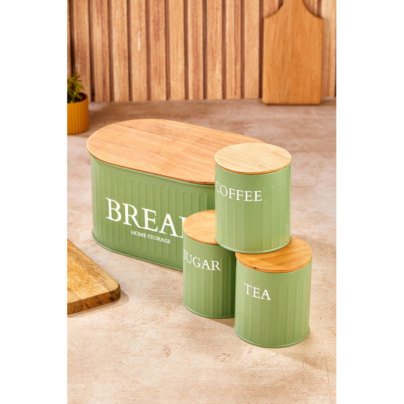 Durable 4-Piece Metal Storage Box Set, Green | Includes 1 Bread Box (11.8 x 7.5 x 5.9 inches) & 3 Small Boxes (3.9 x 4.3 x 3.9 inches) with Wooden Lids | Perfect for Kitchen Organization, Stylish & Functional Design