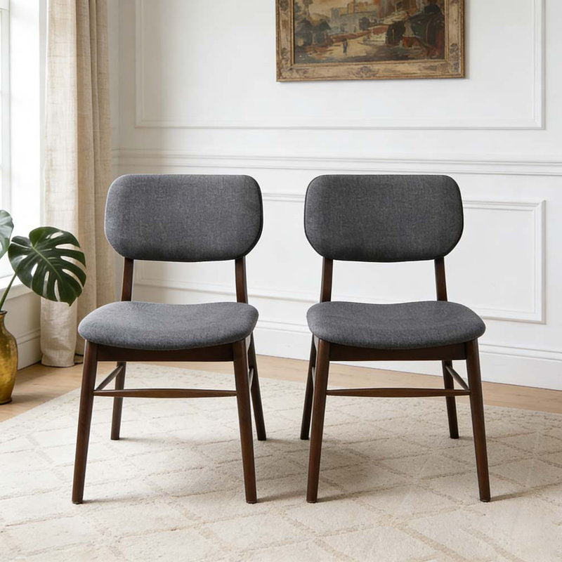 Ensemble de 2 chaises de salle à manger rembourrées Mid-Century avec structure en bois d'hévéa, Naturel + gris