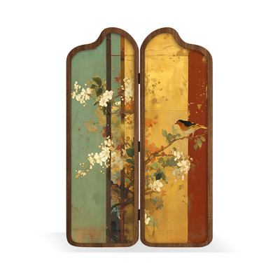 2 Panels Blue-green + Yellow Canvas + Solid Wood Folding Room Divider