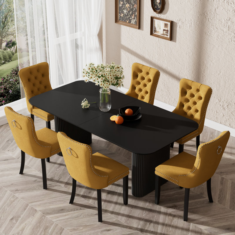 70.9 " Rectangular Double Pedestal Dining Table Set, Yellow, 7