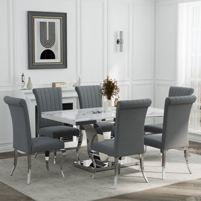 Modern Luxury 7 Piece Dining Table Set With 6 Gray Boucle And Silver Dining Chairs