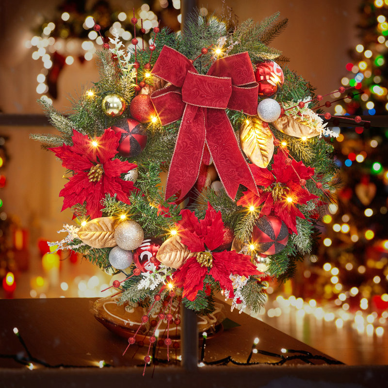 Couronne de Noël 24 po avec 20 modes d'éclairage DEL, couronne de fêtes pré-éclairée avec ornements brillants et ruban