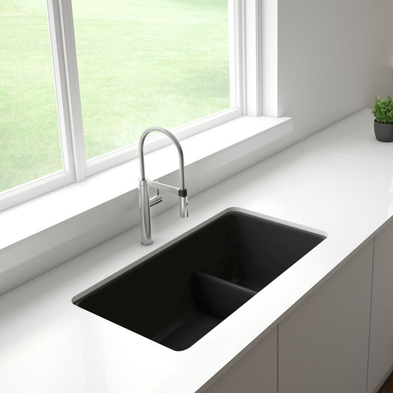 Precis SILGRANIT 33" L x 18" W Double Bowl Undermount Kitchen Sink with Low Divide, Anthracite