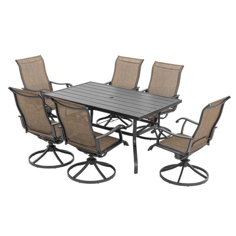 Ensemble de salle à manger 7 pièces en fer avec chaises pivotantes en textilène, brun et noir, Rectangular, 6