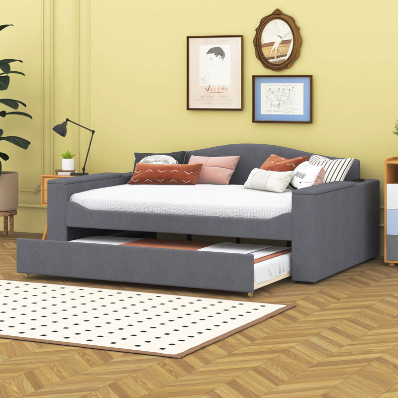 Full Size Upholstered Daybed with Storage Armrests, Trundle And Latest Bluetooth Audio System, Grey