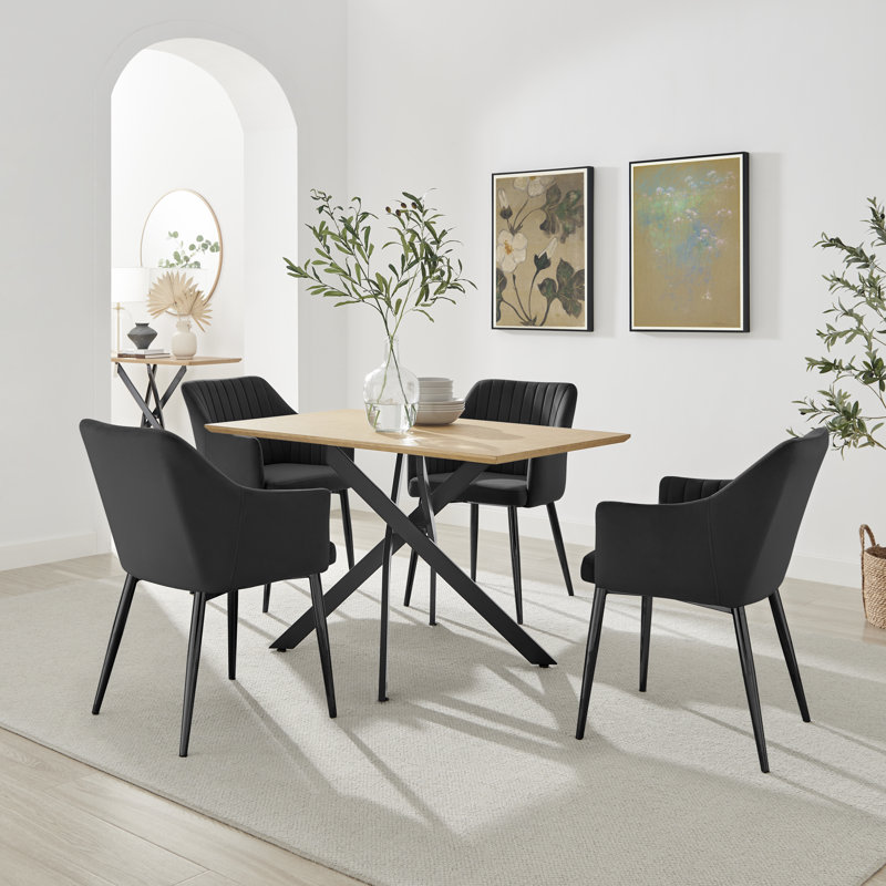 Aminata Veneer & Metal Round Dining Table With Calley Fabric Chairs - Modern Statement Design, 4