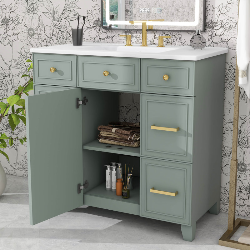 Ensemble de meuble-lavabo 36 po avec lavabo 36 po, meuble-lavabo moderne avec 3 tiroirs et portes à fermeture en douceur, armoire de salle de bain en bois massif avec lavabo encastré en céramique