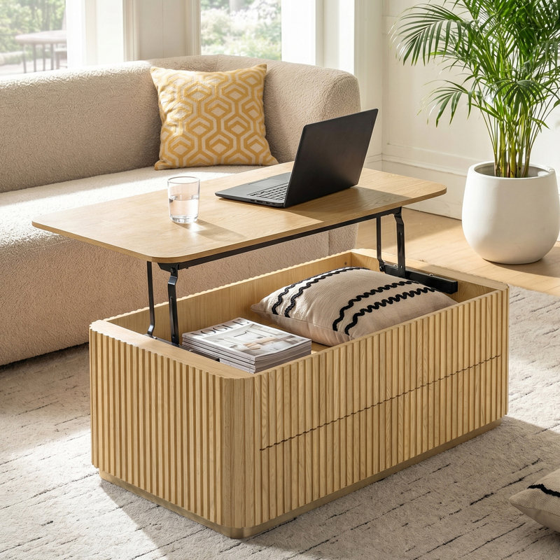 Jadida Lucrecia Modern 47.75"W Fluted Lift-Top Coffee Table WIth Storage, Pale
