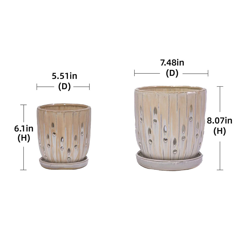 Ensemble de 2 pots de fleurs en céramique avec trou de drainage, pot à fleurs moderne de 8 po, Brun / blanc antique
