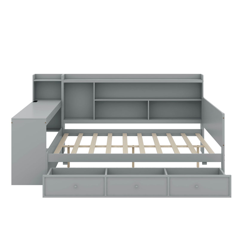 Lit de jour en bois pleine grandeur avec tiroirs, ports USB et bureau, Gris