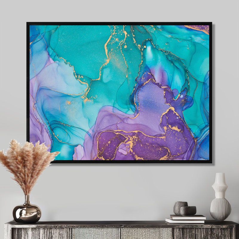Turquoise et mauve liquide Art I - impression d'art moderne sur toile, H 12 po x l 20 po, Cadre flottant noir
