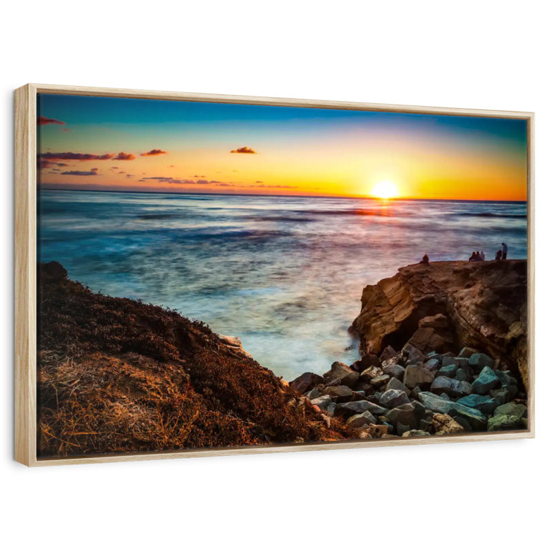 Coucher de soleil La Jolla Zabala, Cadre flottant en bois naturel, 46 po x 31 po